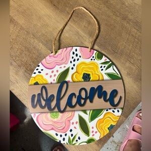 Small Floral Welcome Sign with Blue Lettering